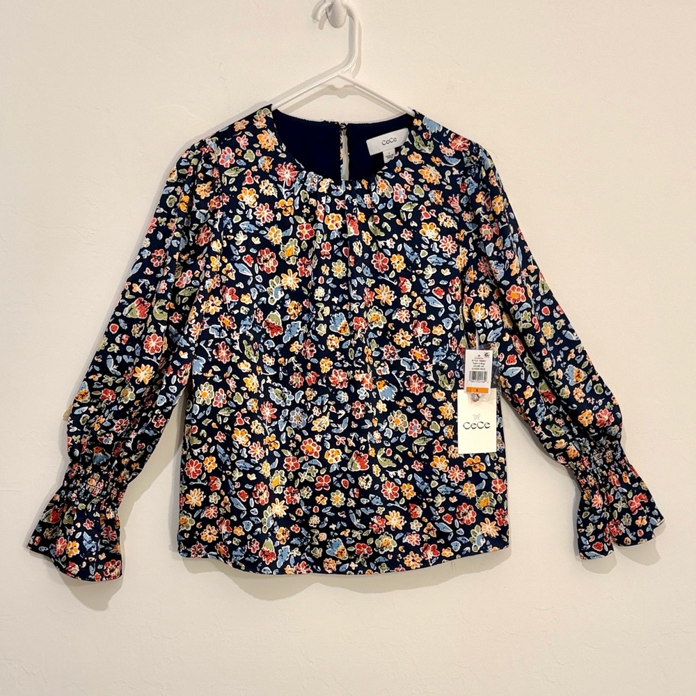 NWT CeCe Navy Floral Navy-red-orange Wrap Long sleeve Blouse Women size S
